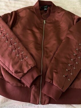 Forever 21 Lace-Up Sleeve Bomber Jacket - Wine